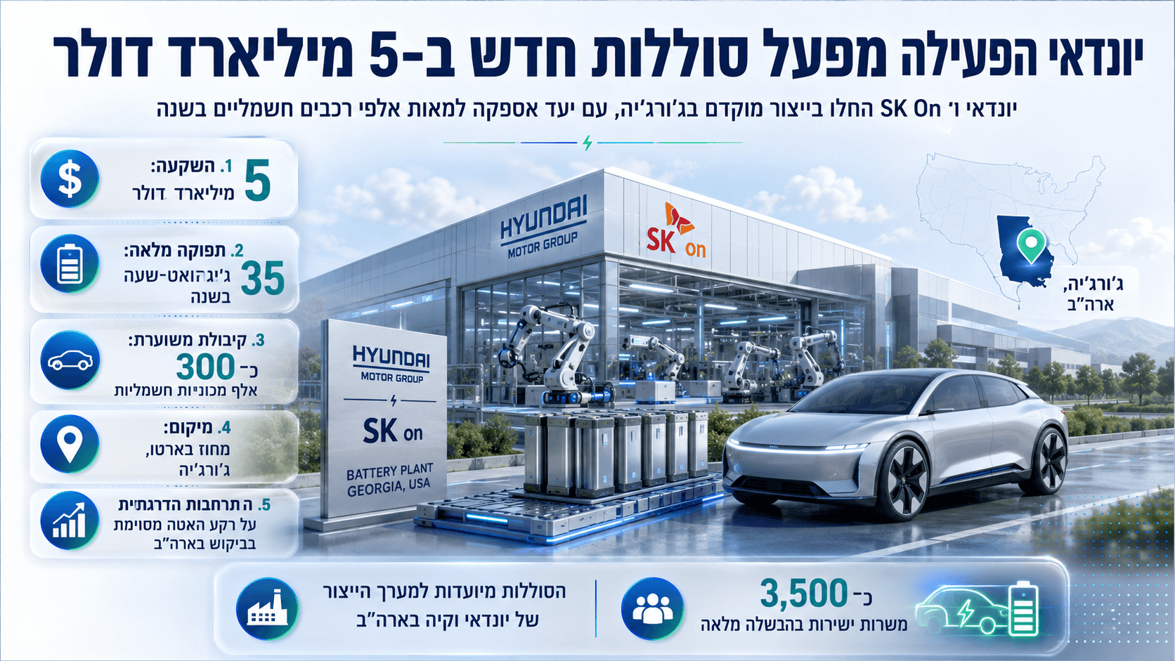 איור חדשותי רחב המציג את מפעל הסוללות החדש של יונדאי ו-SK On בג'ורג'יה, עם קווי ייצור, מודולי סוללה, רכבים חשמליים ונתונים מרכזיים על השקעה של 5 מיליארד דולר וקיבולת שנתית של 35 גיגה-ואט-שעה.