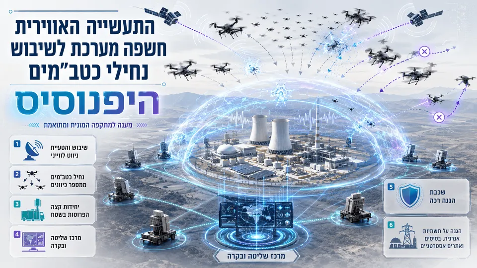 מערכת היפנוסיס של התעשייה האווירית משבשת נחיל כטב״מים סביב מתקן אסטרטגי באמצעות לוחמה אלקטרונית.