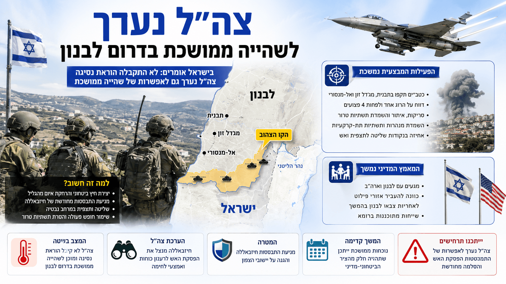 כוחות צה״ל בדרום לבנון לצד מפת אזורי הפעילות, תקיפות אוויריות ומגעים מדיניים.