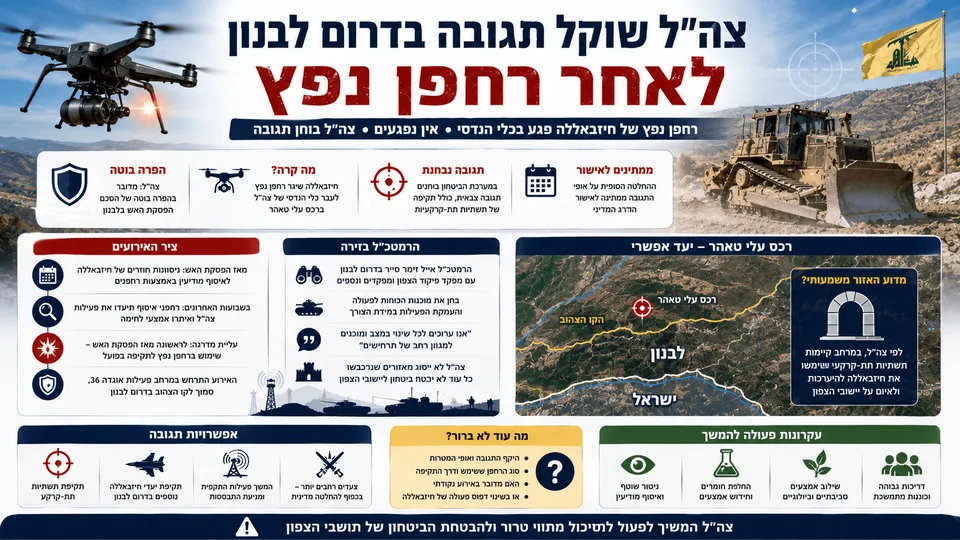 אינפוגרפיקה חדשותית ללא פני חיילים, המציגה רחפן נפץ של חיזבאללה, כלי הנדסי של צה״ל, מפת רכס עלי טאהר בדרום לבנון ואפשרויות תגובה נגד תשתיות תת־קרקעיות באזור.
