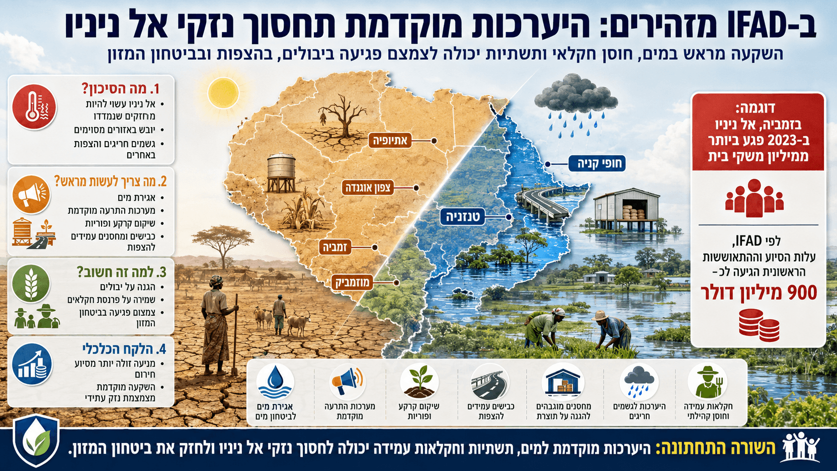 אינפוגרפיקה על אזהרת IFAD מפני אל ניניו חזק, עם מפת אפריקה והדגשת סיכוני יובש, הצפות והצורך בהיערכות חקלאית מוקדמת.
