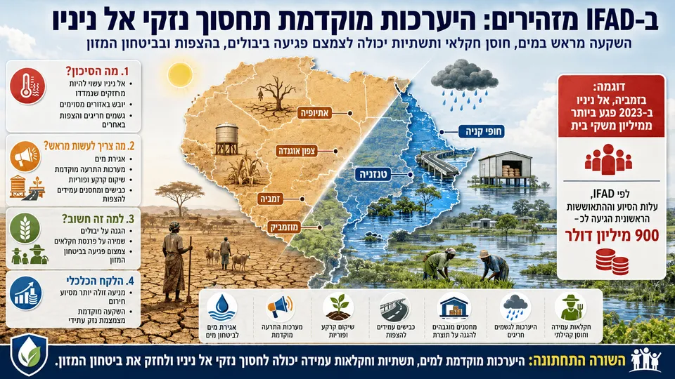 אינפוגרפיקה על אזהרת IFAD מפני אל ניניו חזק, עם מפת אפריקה והדגשת סיכוני יובש, הצפות והצורך בהיערכות חקלאית מוקדמת.