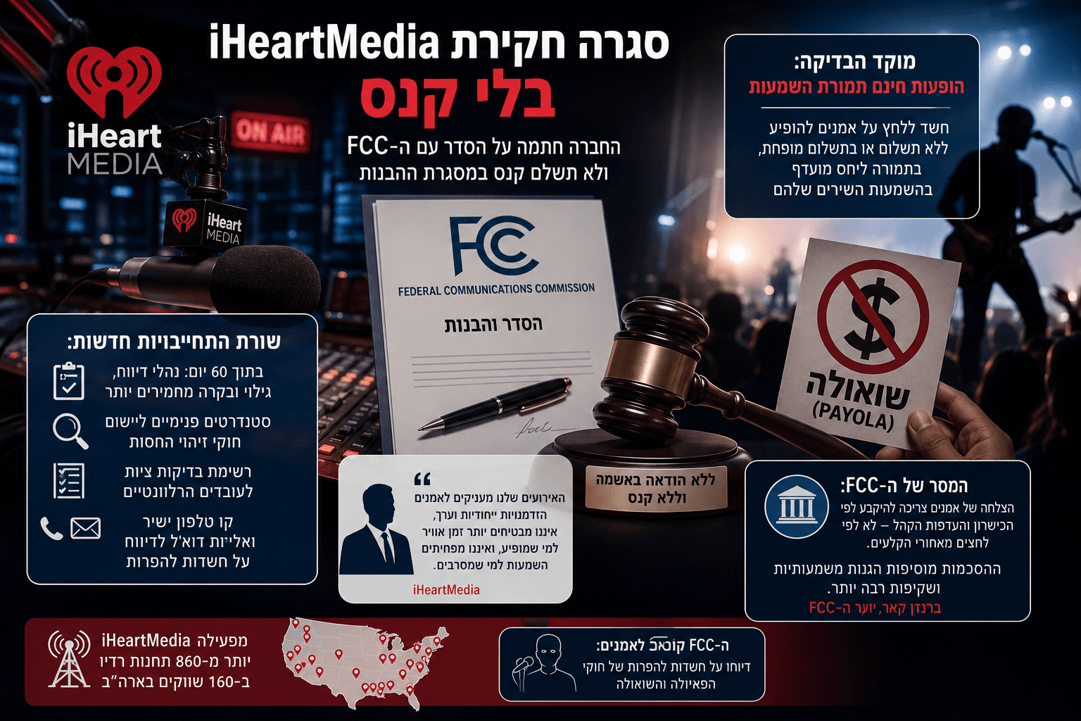 תמונה חדשותית־רגולטורית המציגה אולפן רדיו של iHeartMedia, מסמך הסדר של ה־FCC, פטיש משפטי, סמל איסור על פאיולה והופעת מוזיקה חיה ברקע, לצד שכבות מידע בעברית על סגירת חקירת השואולה ללא קנס והתחייבות החברה לנהלי דיווח ובקרה מחמירים יותר.