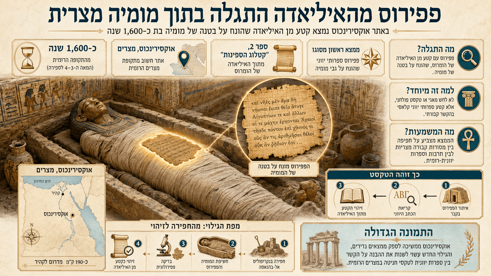 מומיה מצרית עתיקה בקבר באוקסירינכוס, עם פפירוס מונח על בטנה והדגשה של קטע מהאיליאדה.