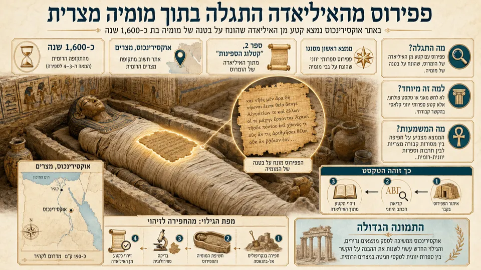 מומיה מצרית עתיקה בקבר באוקסירינכוס, עם פפירוס מונח על בטנה והדגשה של קטע מהאיליאדה.