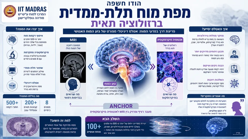אטלס תלת־ממדי של גזע המוח האנושי המחבר בין סריקות MRI, חתכי רקמה ותאים ברזולוציה מיקרוסקופית.