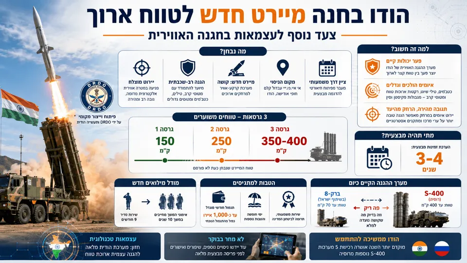 משגר טילים הודי יורה מיירט ארוך טווח לצד דגל הודו, נתוני טווח של 150 עד 400 ק״מ והשוואה בין מערכות ברק-8 ו-S-400, בהמחשה של תוכנית קושה להגנה אווירית רב-שכבתית.