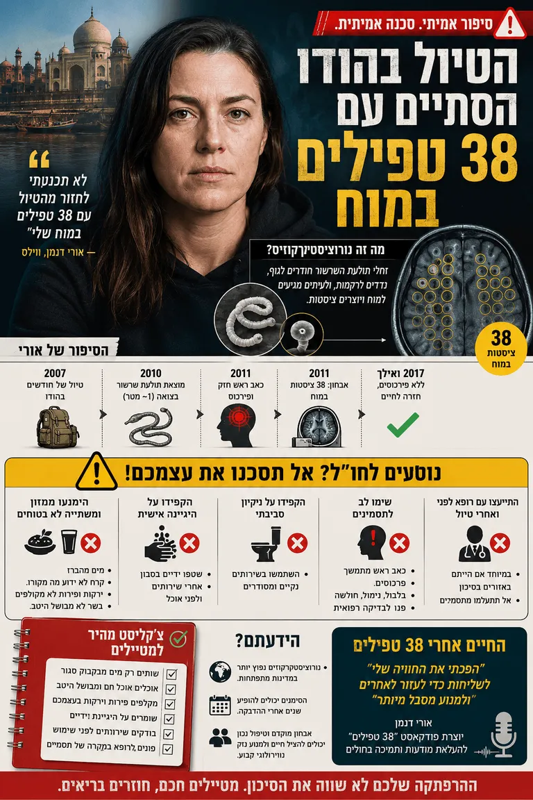 תמונה עבור הכתבה: הטיול בהודו הסתיים עם 38 טפילים במוח