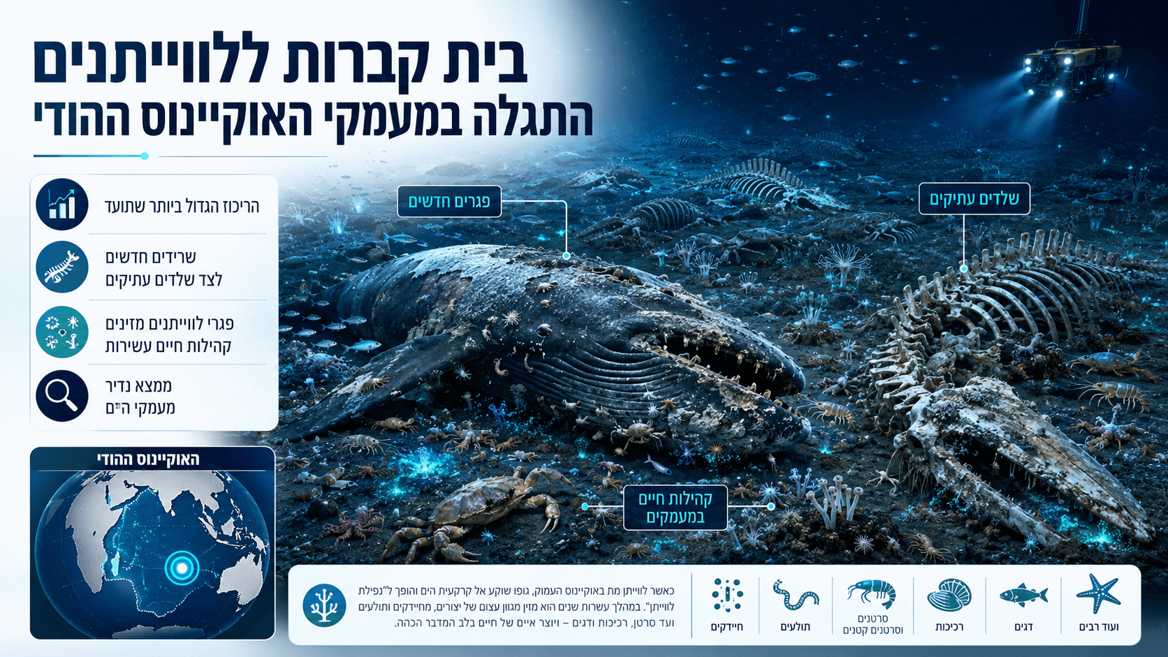 פגרי לווייתנים ושלדים עתיקים בקרקעית האוקיינוס ההודי, מוקפים בקהילות עשירות של יצורי מעמקים.