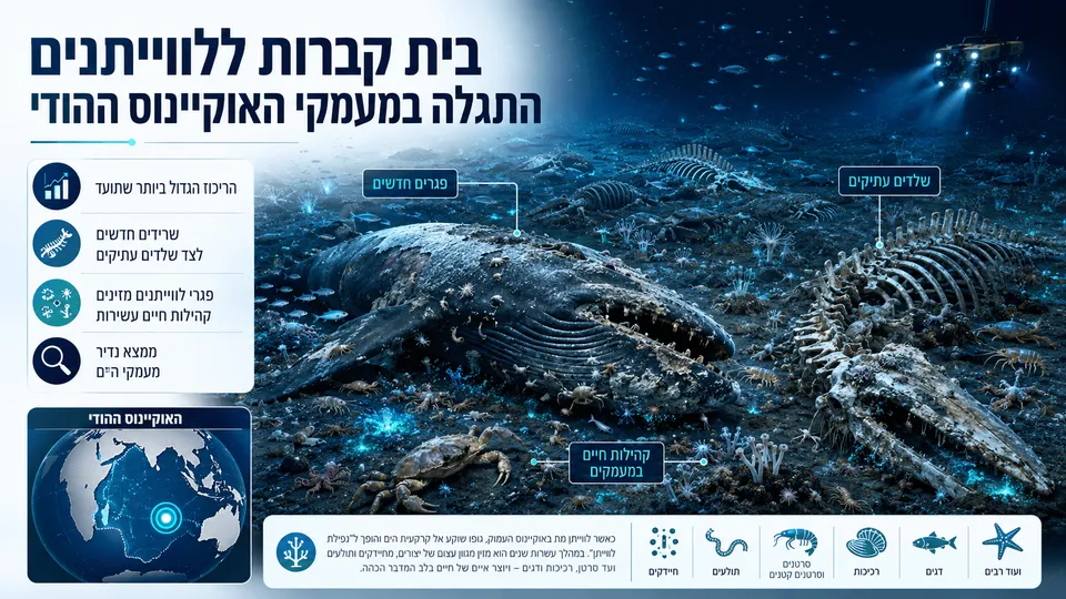 פגרי לווייתנים ושלדים עתיקים בקרקעית האוקיינוס ההודי, מוקפים בקהילות עשירות של יצורי מעמקים.