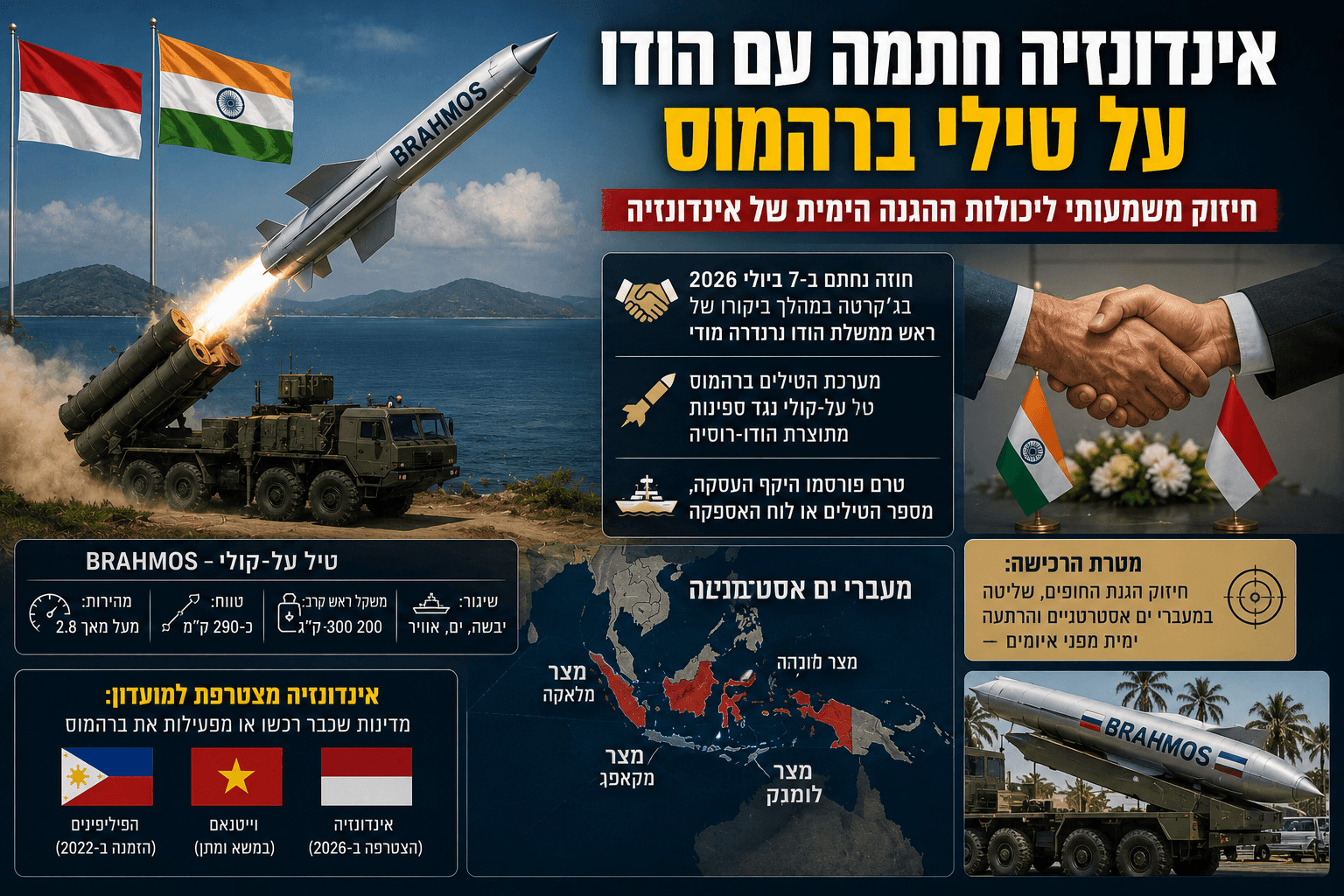 טיל BrahMos משוגר ממשגר חופי ליד ים, לצד דגלי אינדונזיה והודו, לחיצת יד דיפלומטית ומפת דרום־מזרח אסיה.