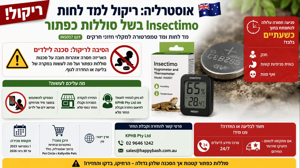 מד לחות ומד טמפרטורה מדגם Insectimo INS007 לצד אזהרת ריקול באוסטרליה, סוללת כפתור וסימון סכנה לילדים.