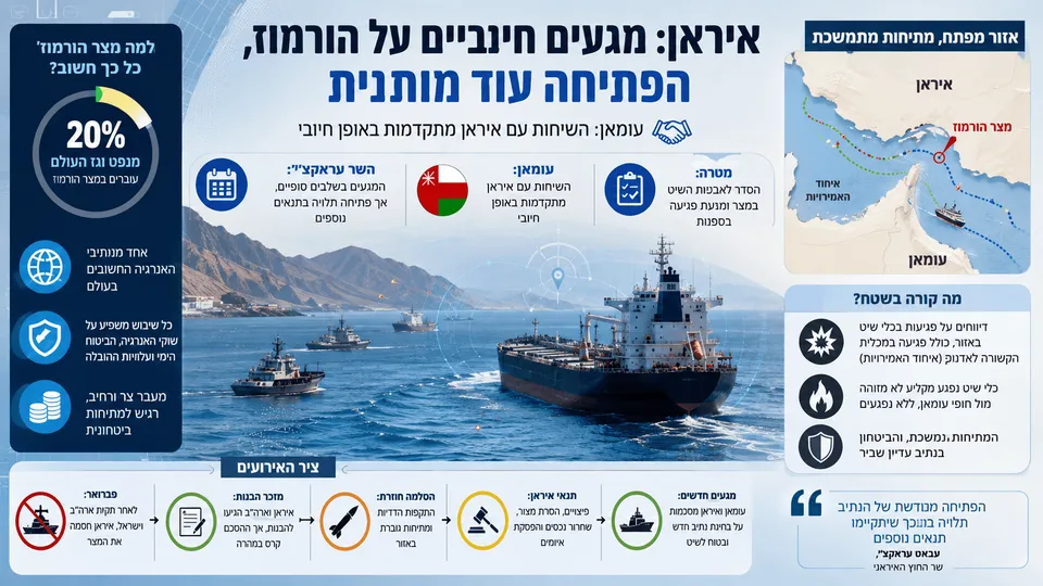 אינפוגרפיקה המציגה את מצר הורמוז עם מכליות נפט, כלי שיט ומפת איראן ועומאן, לצד נתיבי שיט אפשריים ונתונים על חשיבות המעבר לאספקת האנרגיה העולמית. התמונה מדגישה את המגעים החיוביים בין איראן לעומאן, התנאים לפתיחת המצר והמתיחות הביטחונית המתמשכת באזור.
