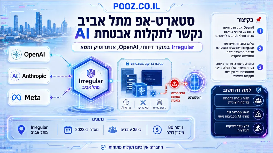 אינפוגרפיקה בעברית המציגה את חברת Irregular מתל אביב במרכז סביבת בדיקות אבטחה למודלי AI, עם OpenAI, Anthropic ומטא המחוברות אליה. התרשים מדגיש תקלה בתצורת סביבת ההערכה שאפשרה גישה לאינטרנט, לצד נתונים על החברה והדיון הגובר בפיקוח על מבחני סייבר לבינה מלאכותית.