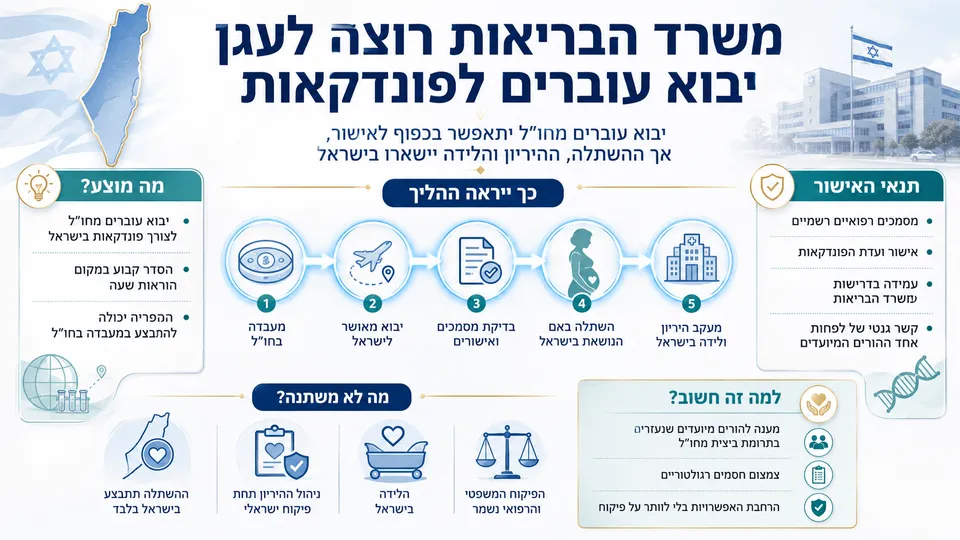המחשה של הליך יבוא עוברים מחו״ל לפונדקאות בישראל, כולל אישורים רפואיים, בדיקת מסמכים והמשך היריון ולידה בארץ.