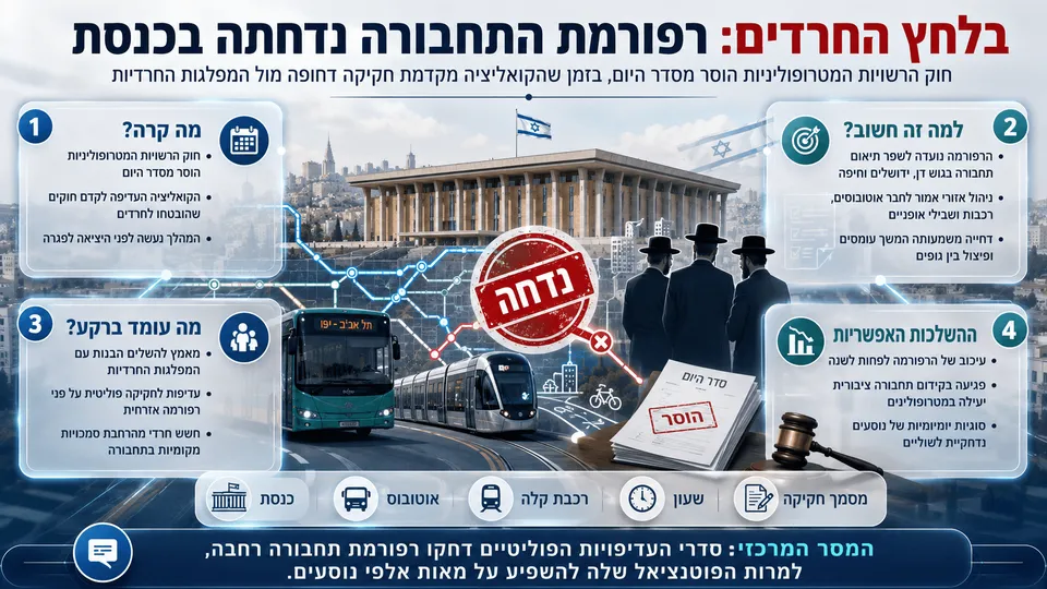 בלחץ החרדים: רפורמת התחבורה נדחתה בכנסת
