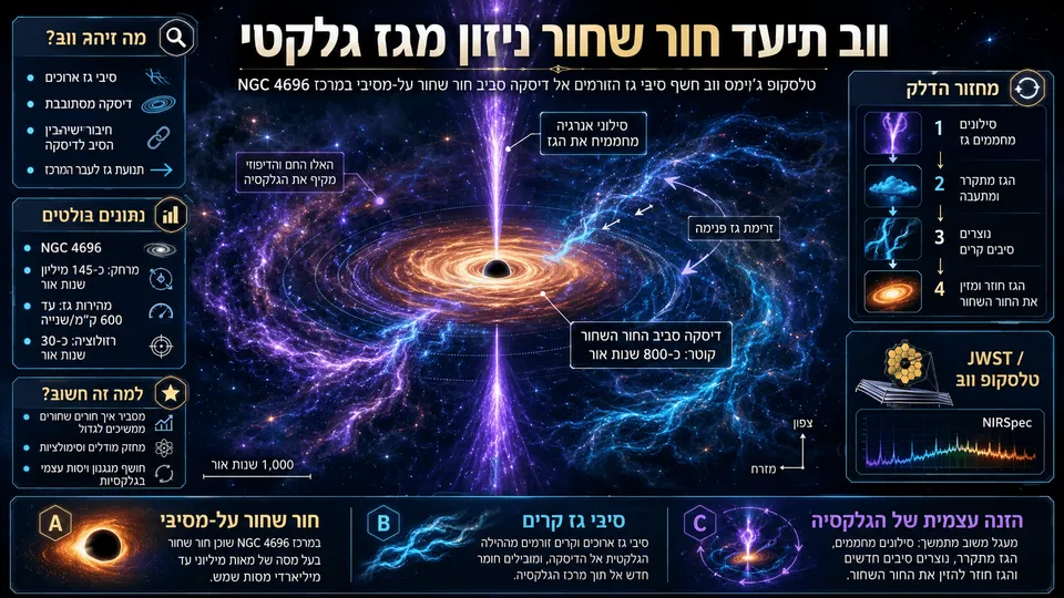 המחשה של חור שחור על-מסיבי במרכז NGC 4696 הניזון מסיבי גז שנצפו בטלסקופ ג'יימס ווב.