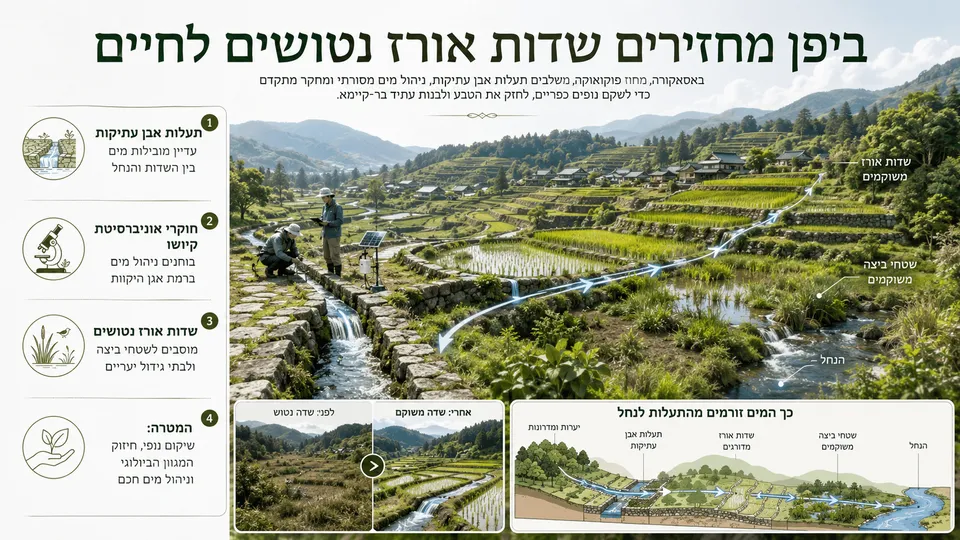 איור חדשותי בעברית המציג שדות אורז נטושים באסאקורה שביפן, תעלות אבן עתיקות המובילות מים בין החלקות, ואזורי שיקום אקולוגי שהופכים את השדות לביצות ובתי גידול טבעיים.