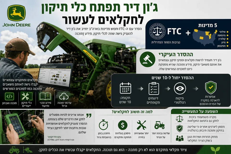 אינפוגרפיקה המציגה טרקטור John Deere, חקלאי עם כלי אבחון דיגיטליים, סמלי FTC וזכות לתקן, וגישה לתוכנה ולמשאבי תיקון.