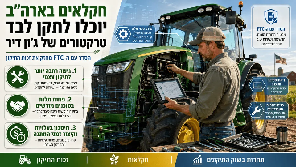 חקלאי אמריקאי מתקן טרקטור של ג׳ון דיר בעזרת כלי אבחון, בעקבות הסדר ה-FTC בנושא זכות התיקון.