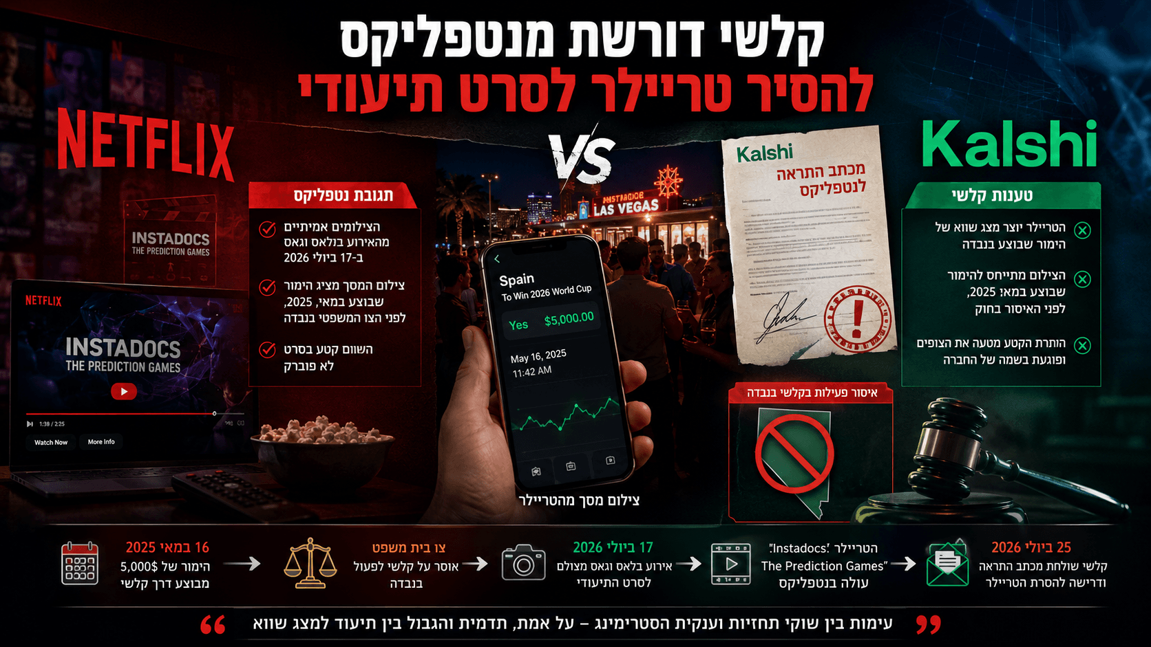 המחשה חדשותית של העימות בין קלשי לנטפליקס, עם מסך המציג את הטריילר לסרט התיעודי "The Prediction Games", טלפון ובו הימור של 5,000 דולר, מכתב התראה משפטי, פטיש שופט ורקע של לאס וגאס.