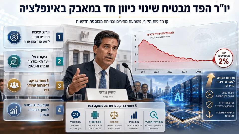 יו״ר הפד קווין וורש בעדות בקונגרס לצד יעד אינפלציה של 2%, גרף מחירים והשקעות בבינה מלאכותית.