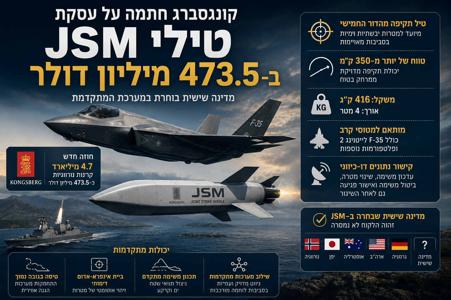 אינפוגרפיקה ביטחונית בסגנון חדשותי המציגה מטוס קרב, טיל Joint Strike Missile, ספינת מלחמה ופאנלים עם נתונים על הטווח, המשקל, התאמת הטיל ל-F-35 והמדינות שכבר בחרו במערכת.