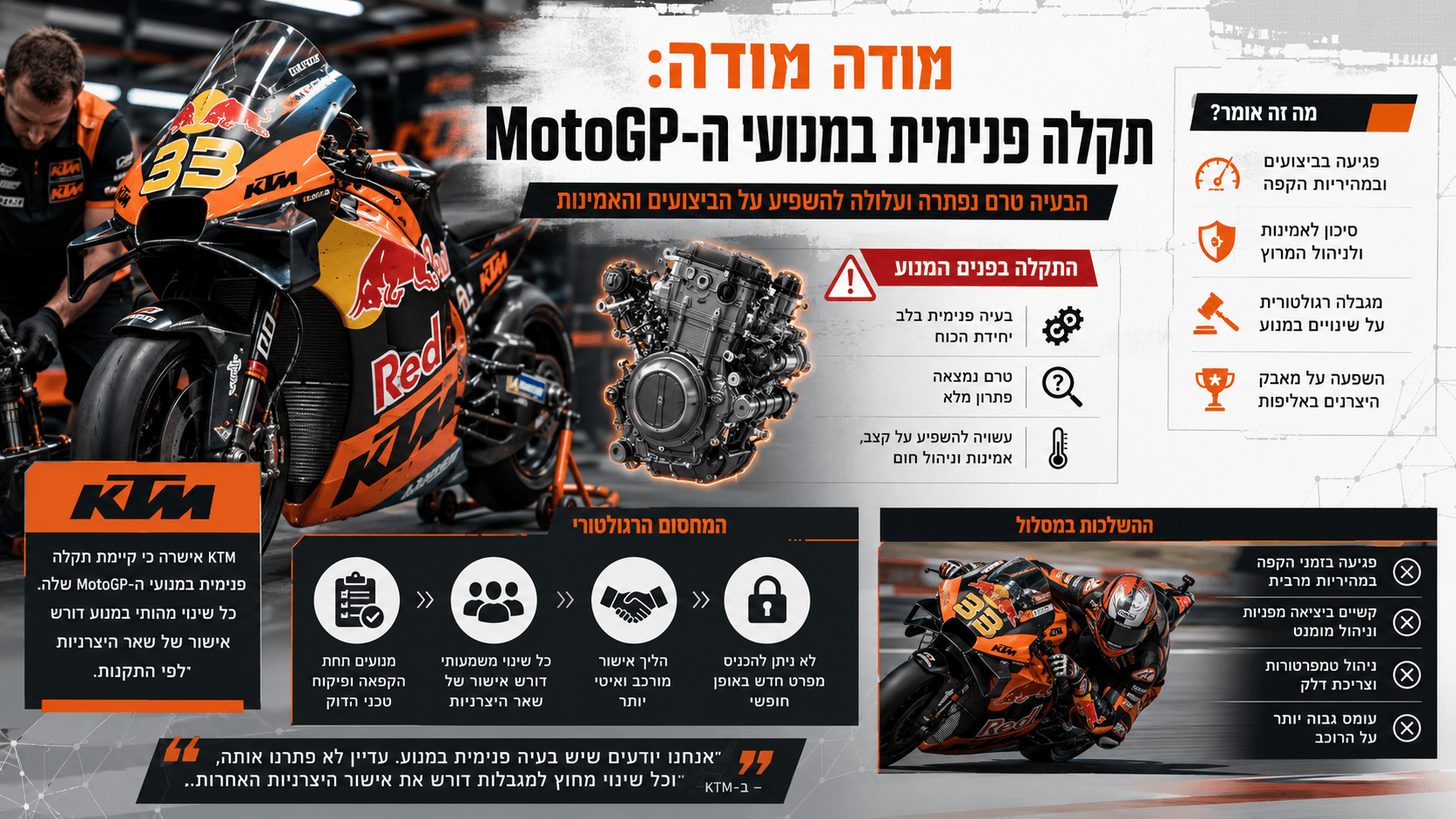 אופנוע MotoGP של KTM לצד מנוע מפורק והמחשה לתקלה פנימית שמשפיעה על ביצועים ואמינות.