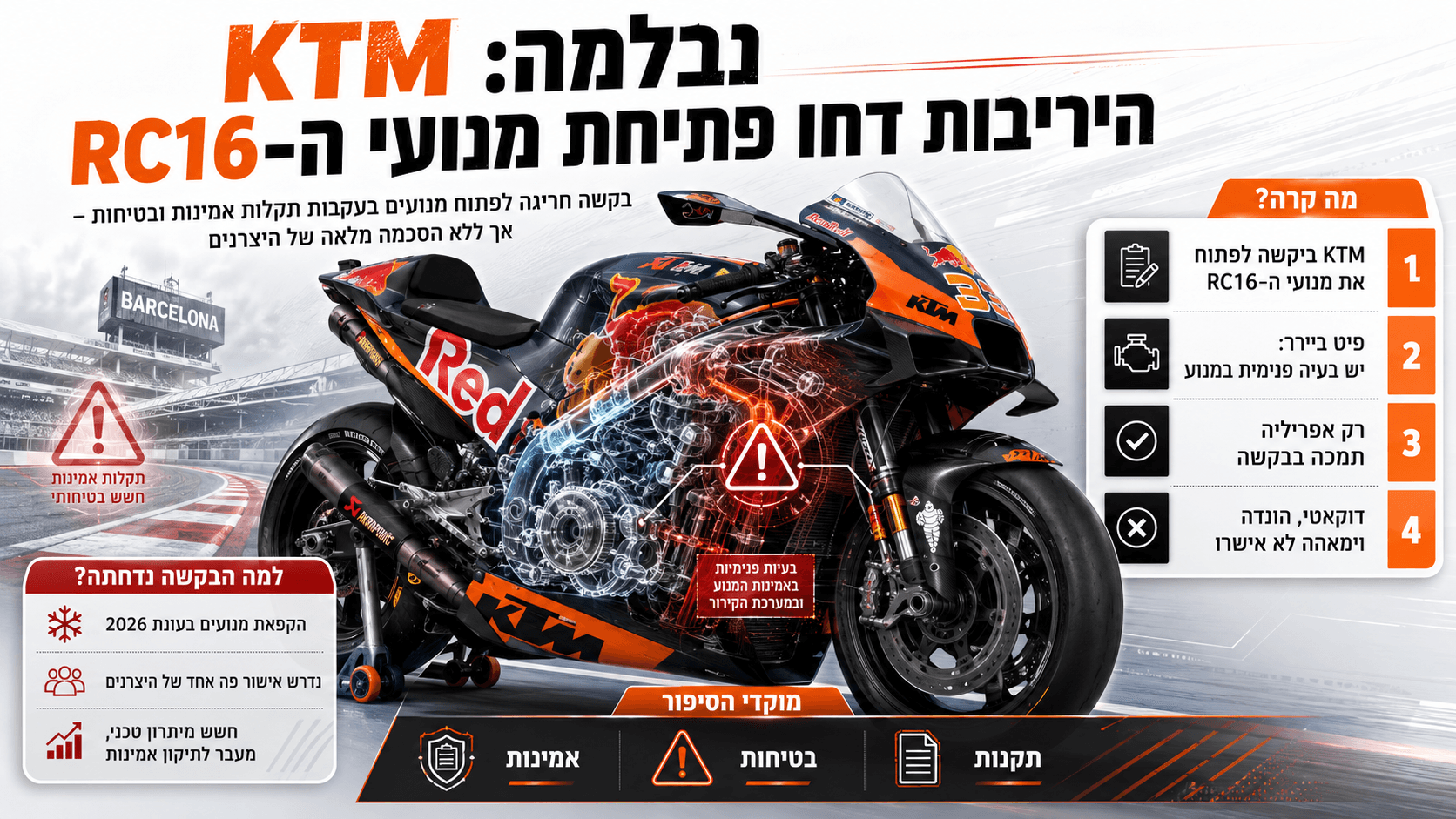 אופנוע KTM RC16 לצד המחשה של תקלה פנימית במנוע, לאחר שיצרניות MotoGP דחו את הבקשה לפתוח את המנועים האטומים.
