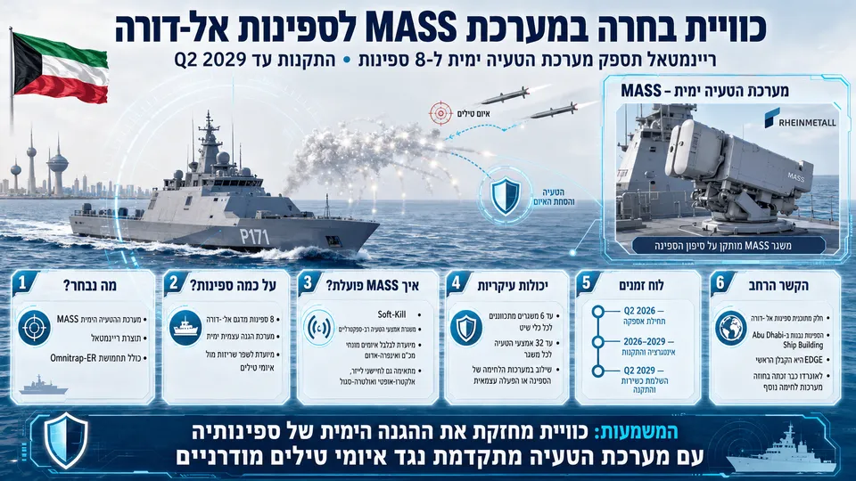 ספינת אל־דורה של חיל הים הכווייתי מפעילה מערכת MASS לשיגור אמצעי הטעיה נגד טילים מתקרבים.