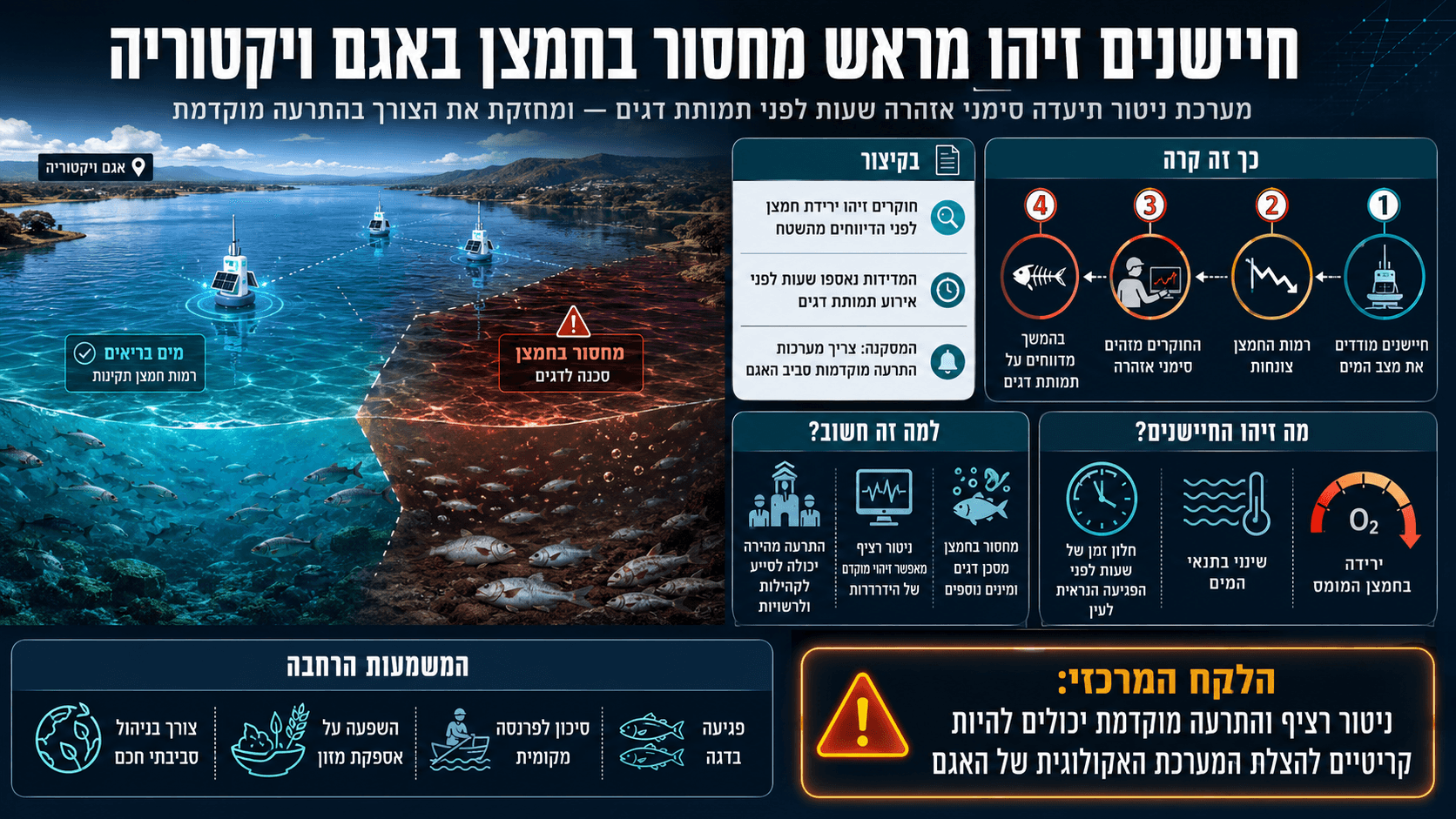 המחשה חדשותית של חיישנים באגם ויקטוריה שזיהו ירידה בחמצן במים לפני אירוע תמותת דגים.