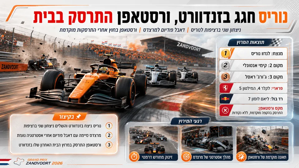 לנדו נוריס מוביל בזנדוורט כשמכוניתו של מקס ורסטאפן מתרסקת ברקע.