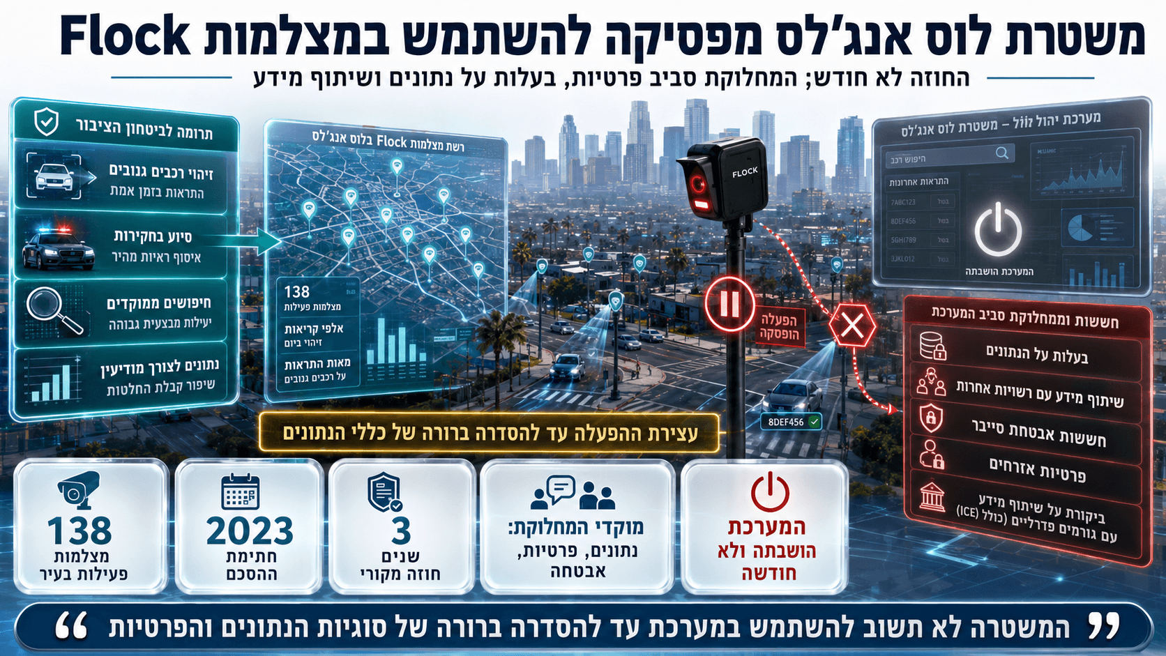 המחשה חדשותית של מצלמות Flock בלוס אנג'לס המושבתות על רקע חששות פרטיות, שיתוף מידע ואבטחת סייבר.