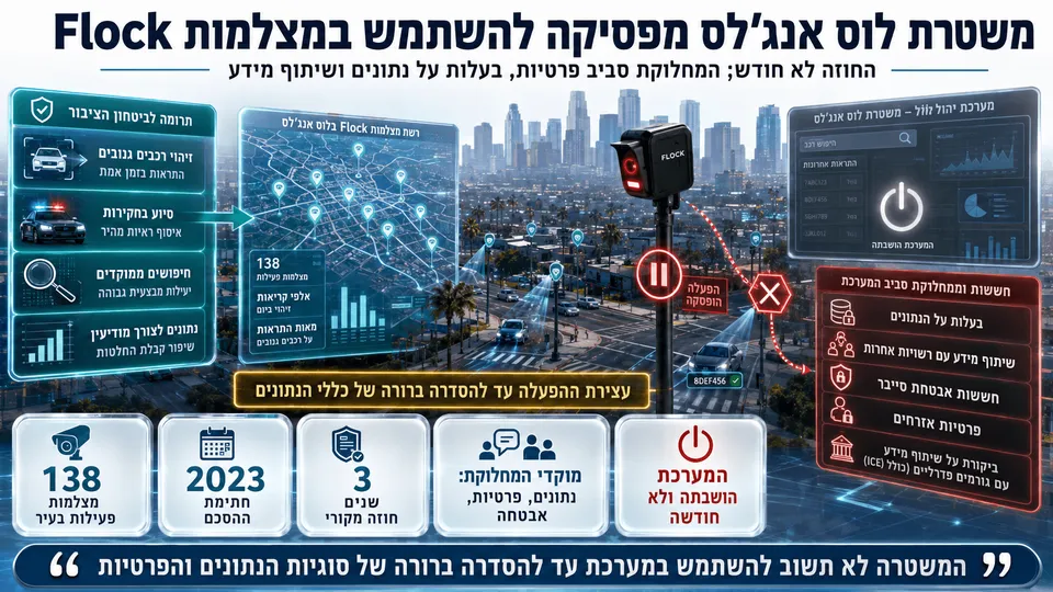 המחשה חדשותית של מצלמות Flock בלוס אנג'לס המושבתות על רקע חששות פרטיות, שיתוף מידע ואבטחת סייבר.
