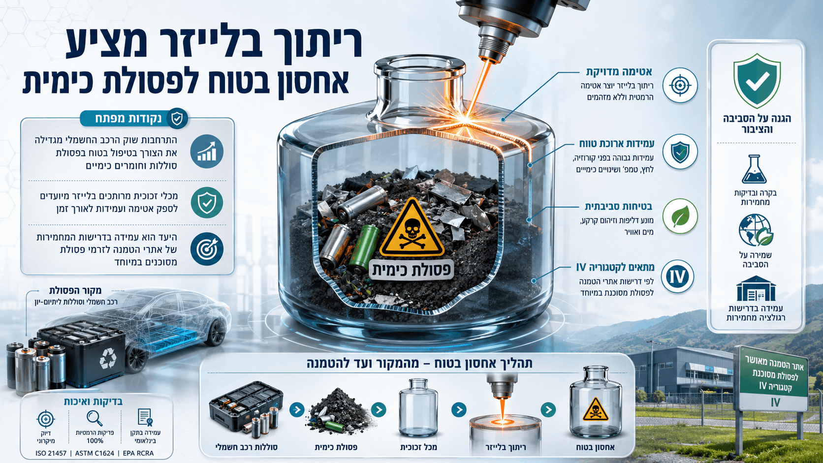 מכל זכוכית מרותך בלייזר לאחסון אטום ועמיד של פסולת כימית וסוללות רכב חשמלי.