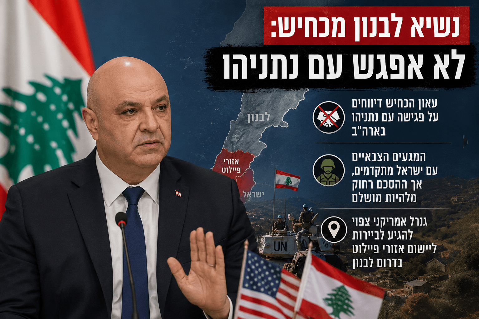 תמונה חדשותית המציגה את נשיא לבנון ג׳וזף עאון על רקע דגל לבנון, מפת לבנון ודרום המדינה, סמלי ארה״ב וישראל, וכותרת בעברית על הכחשת פגישה עם בנימין נתניהו.