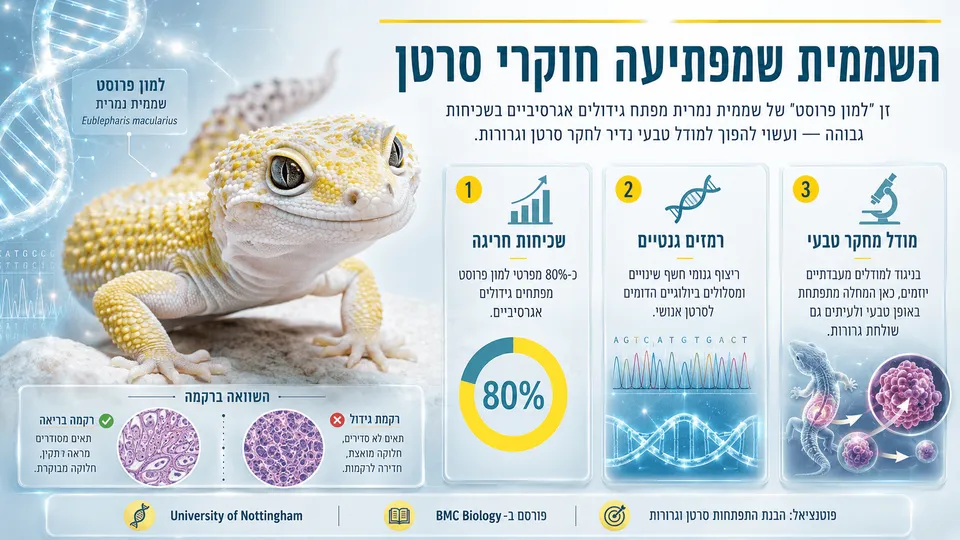 שממית נמרית מזן למון פרוסט לצד המחשה גנטית, בעקבות מחקר על גידולים אגרסיביים הדומים במאפייניהם לסרטן אנושי.