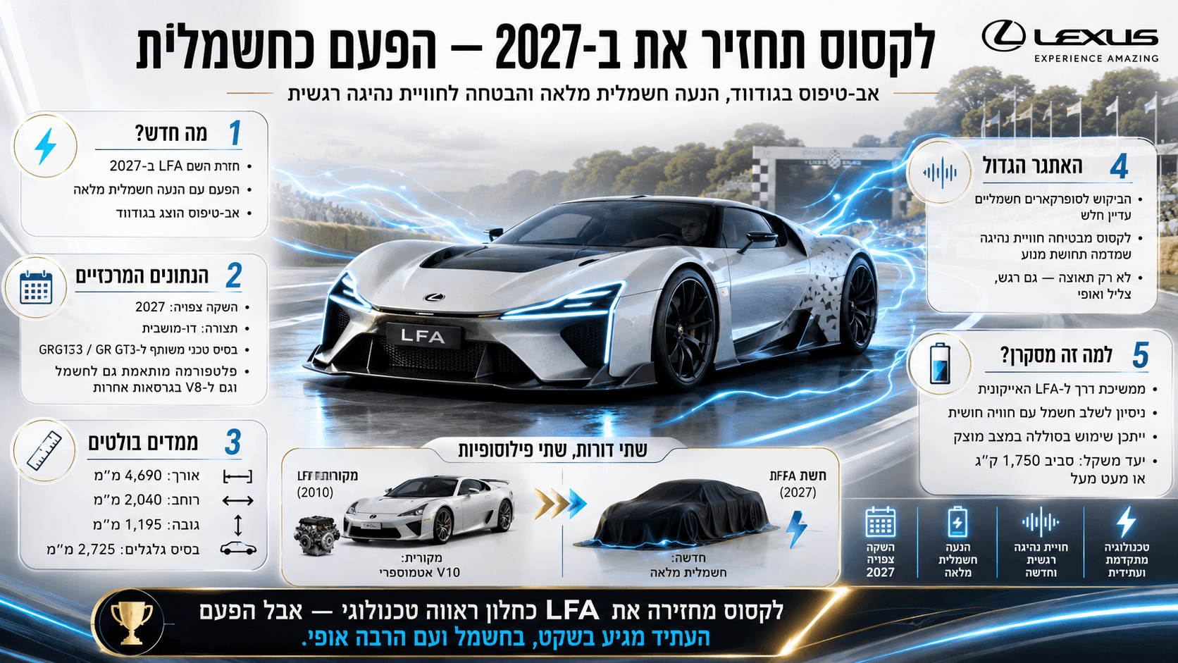 לקסוס LFA החשמלית החדשה מוצגת כאב־טיפוס לקראת השקה ב-2027, עם עיצוב סופרקאר עתידני והנעה חשמלית מלאה.