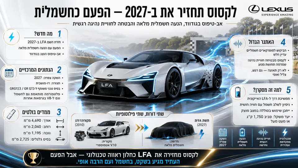 לקסוס LFA החשמלית החדשה מוצגת כאב־טיפוס לקראת השקה ב-2027, עם עיצוב סופרקאר עתידני והנעה חשמלית מלאה.