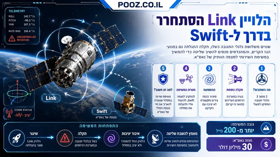 הלוויין Link מסתחרר מעל כדור הארץ בדרכו למצפה החלל Swift של נאס״א, עם קווי תנועה ונתוני טלמטריה המדגישים אובדן שליטה ותקשורת לא יציבה. ברקע נראה מצפה Swift, שאותו נועדה המשימה להגביה למסלול בטוח יותר.