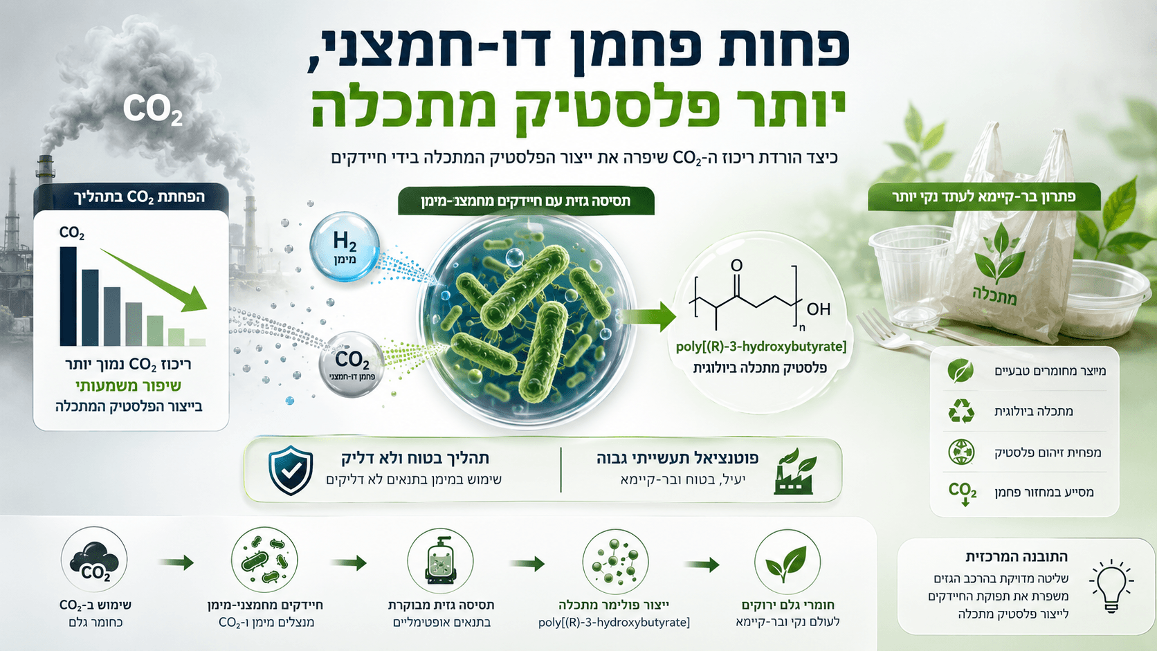 המחשה של תהליך ביולוגי שבו הפחתת ריכוז הפחמן הדו־חמצני משפרת ייצור פלסטיק מתכלה באמצעות חיידקים.