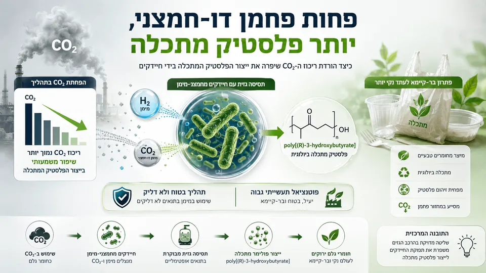 המחשה של תהליך ביולוגי שבו הפחתת ריכוז הפחמן הדו־חמצני משפרת ייצור פלסטיק מתכלה באמצעות חיידקים.