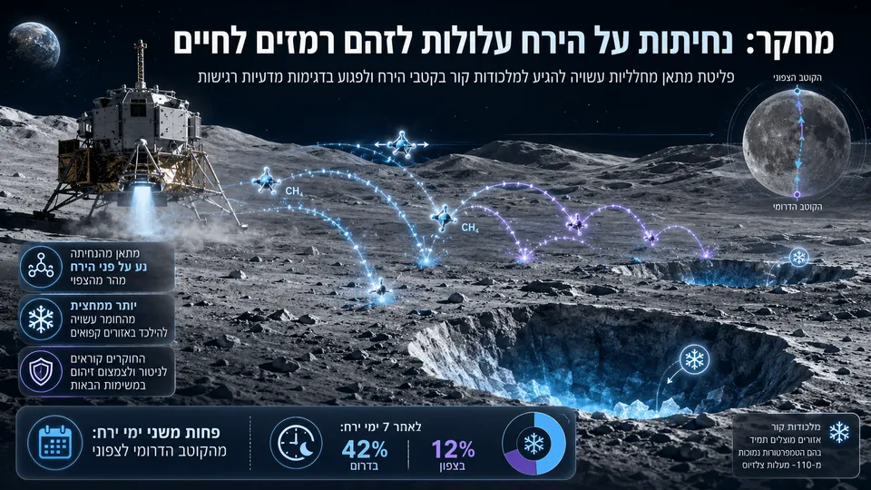 נחתת ירח מפזרת מולקולות מתאן הנעות על פני הקרקע ונלכדות במכתשי קרח סמוך לקטבים.