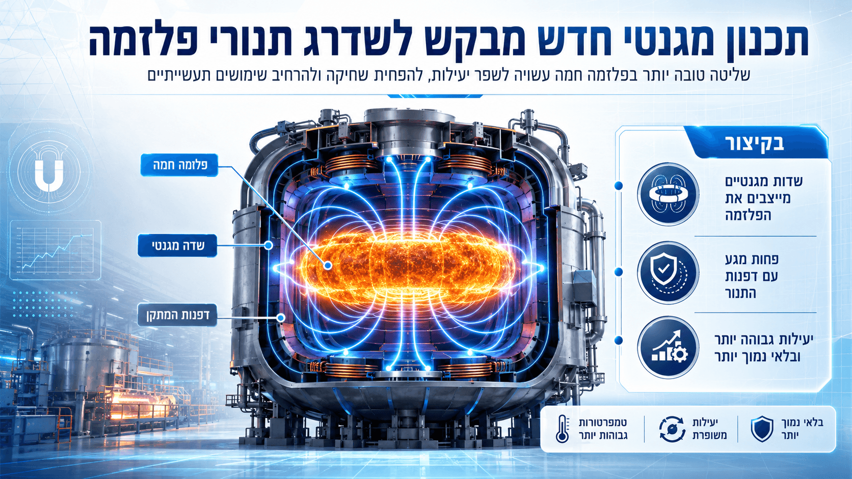 תנור פלזמה תעשייתי עם שדות מגנטיים המייצבים פלזמה חמה ומונעים מגע בדפנות המתקן.