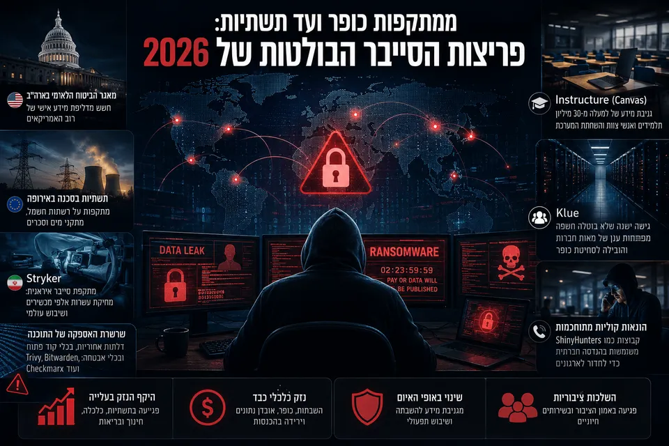 אינפוגרפיקה דרמטית על מתקפות הסייבר הבולטות של 2026, עם האקר מול מסכים, מפת תקיפות עולמית, סמלי כופר, דליפת מידע, תשתיות חשמל, מוסדות חינוך וחברות שנפגעו.