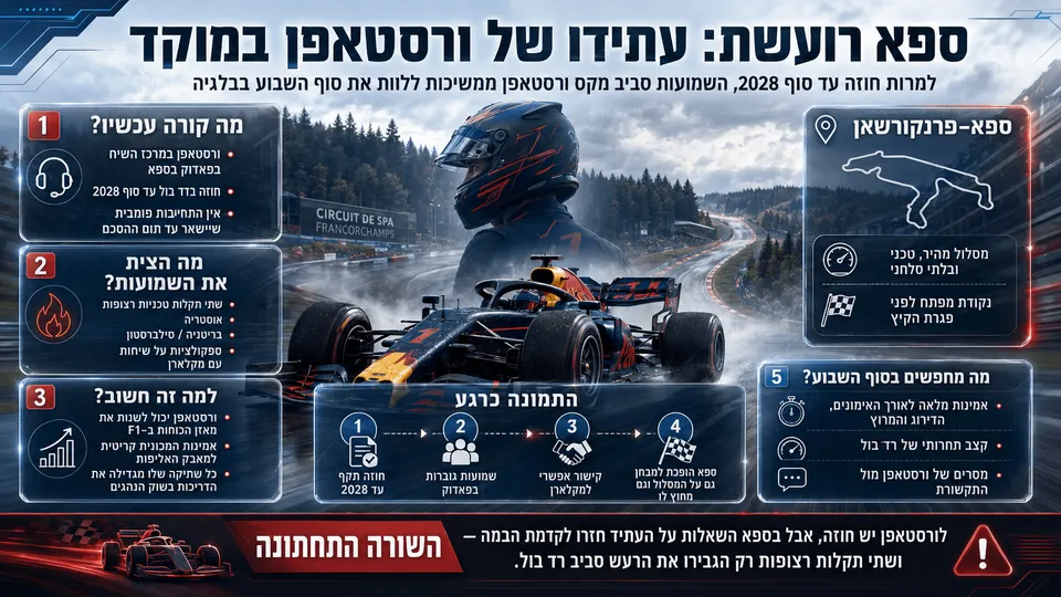 אינפוגרפיקה על עתידו של מקס ורסטאפן ברד בול לקראת גרנד פרי בלגיה בספא, על רקע חוזה עד 2028, תקלות טכניות ושמועות מעבר.