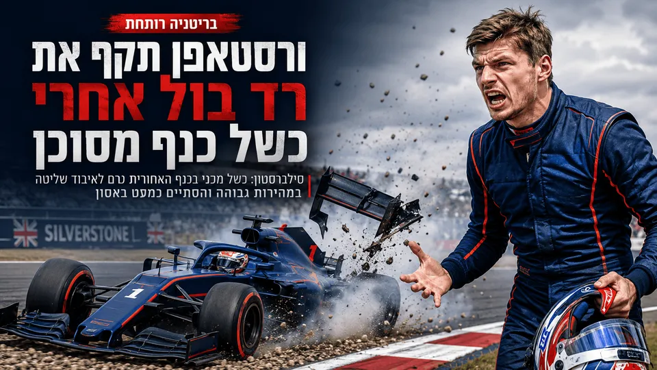 מקס ורסטאפן מוצג באיור חדשותי דרמטי לאחר פרישה בסילברסטון, לצד מכונית רד בול שאיבדה שליטה בעקבות כשל בכנף האחורית.