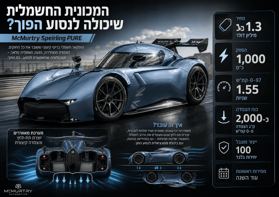 מכונית McMurtry Speirling PURE החשמלית מוצגת כאיורי הסבר, עם דגש על מערכת המאווררים שיוצרת כוח הצמדה חריג ומאפשרת אחיזה קיצונית במסלול.