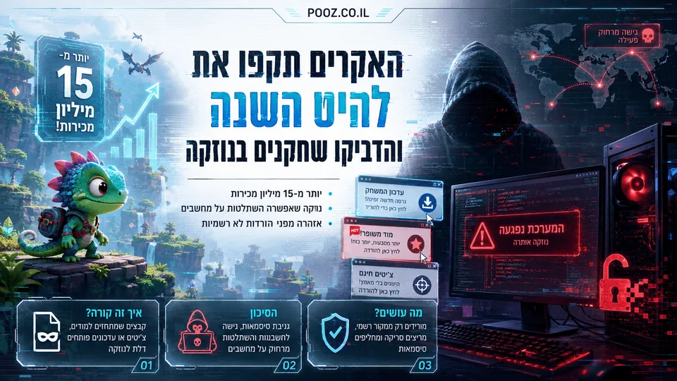 המחשה חדשותית של מתקפת נוזקה סביב המשחק Meccha Chameleon, עם דמות זיקית צבעונית מעולם המשחק מול מחשב גיימינג שנפרץ, האקר מסתורי, חלונות הורדה מזויפים והתראה על השתלטות מרחוק, לצד נתון של יותר מ-15 מיליון מכירות.