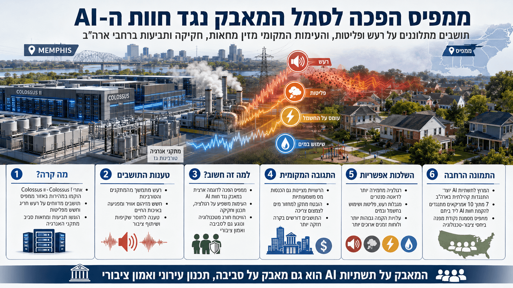 מרכזי הנתונים Colossus בממפיס לצד שכונות מגורים, רעש, פליטות וצריכת חשמל ומים מוגברת.
